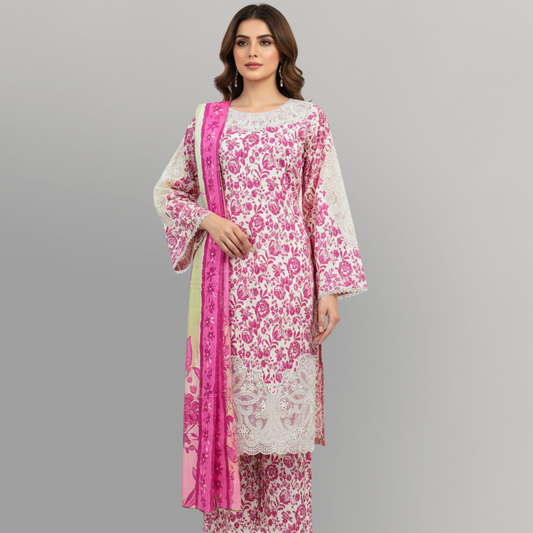 💚 Rose Radiance Embroidered 3-Piece Lawn Suit