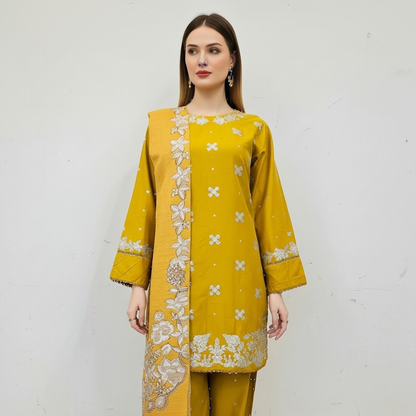 💚 Mustard Gold Heritage Embroidered 3-Piece Cotton Suit
