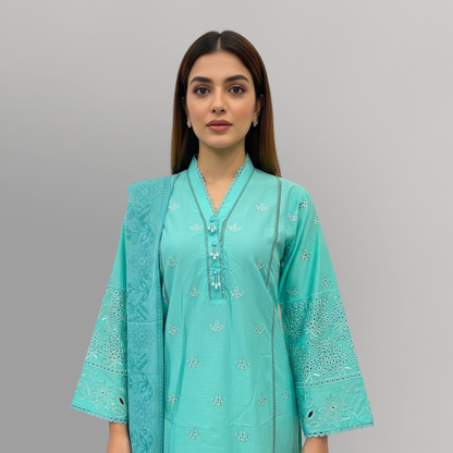Aqua Serenity Embroidered 3-Piece Lawn Suit
