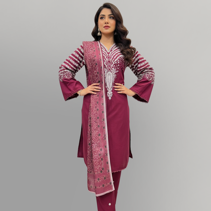 💚 Burgundy Bliss Embroidered 3-Piece Cotton Suit