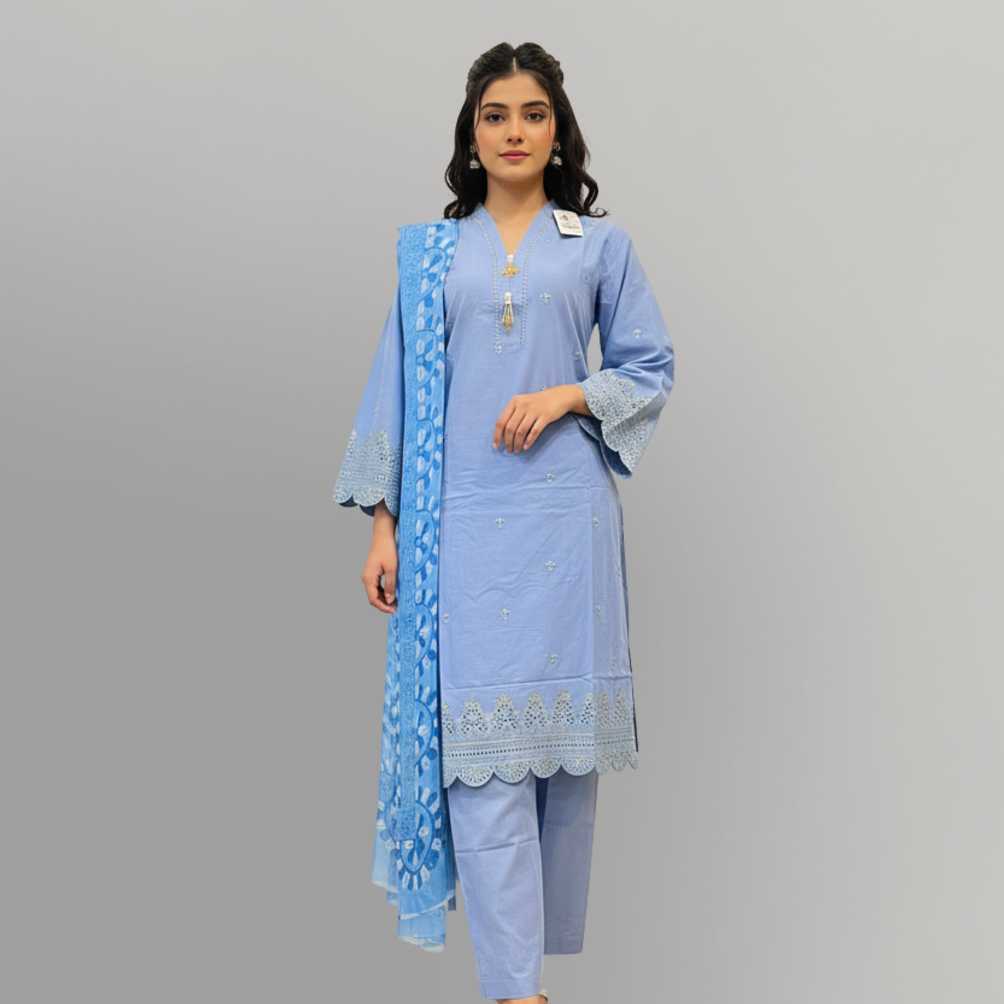 💚 Cerulean Sky Sequined Embroidered 3-Piece Lawn Suit