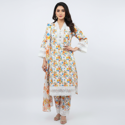 💚 Ivory Meadow Embroidered 3-Piece Lawn Suit