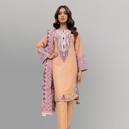 💚 Peach Nectar Embroidered 3-Piece Cotton Suit