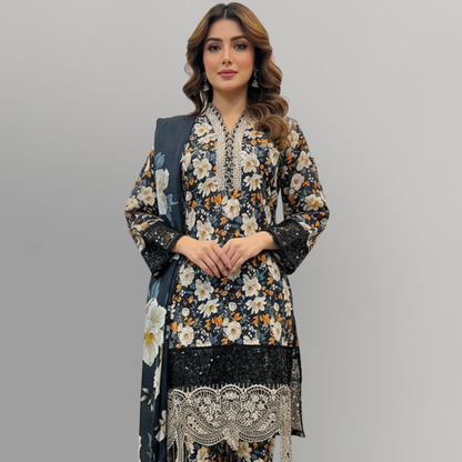 💚 Midnight Dahlia Embroidered 3-Piece Lawn Suit