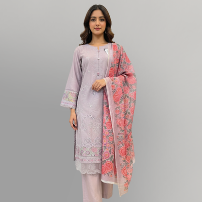 💚 Lilac Bliss Embroidered 3-Piece Lawn Suit