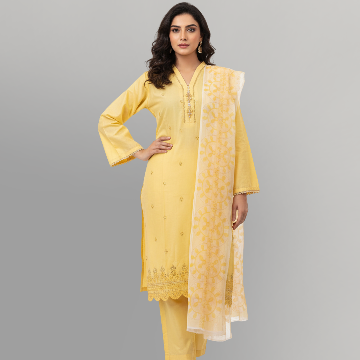 💚 Sunshine Glow Embroidered 3-Piece Lawn Suit