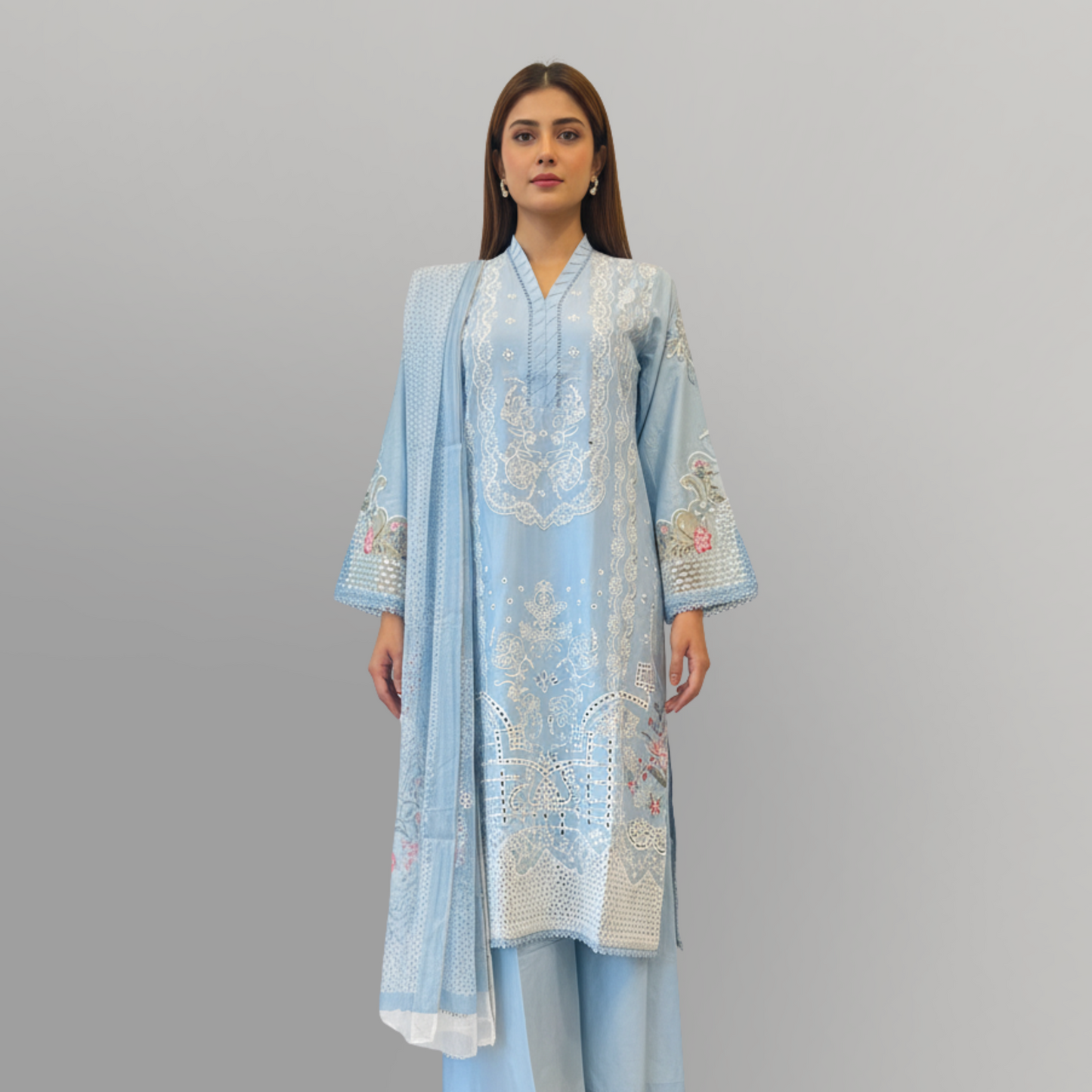 💚 Azure Mist Embroidered 3-Piece Lawn Suit