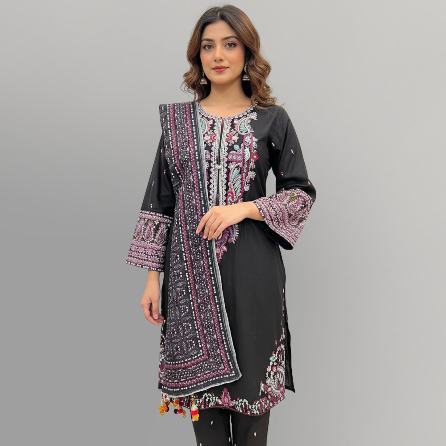 💚 Midnight Paisley Embroidered 3-Piece Cotton Suit
