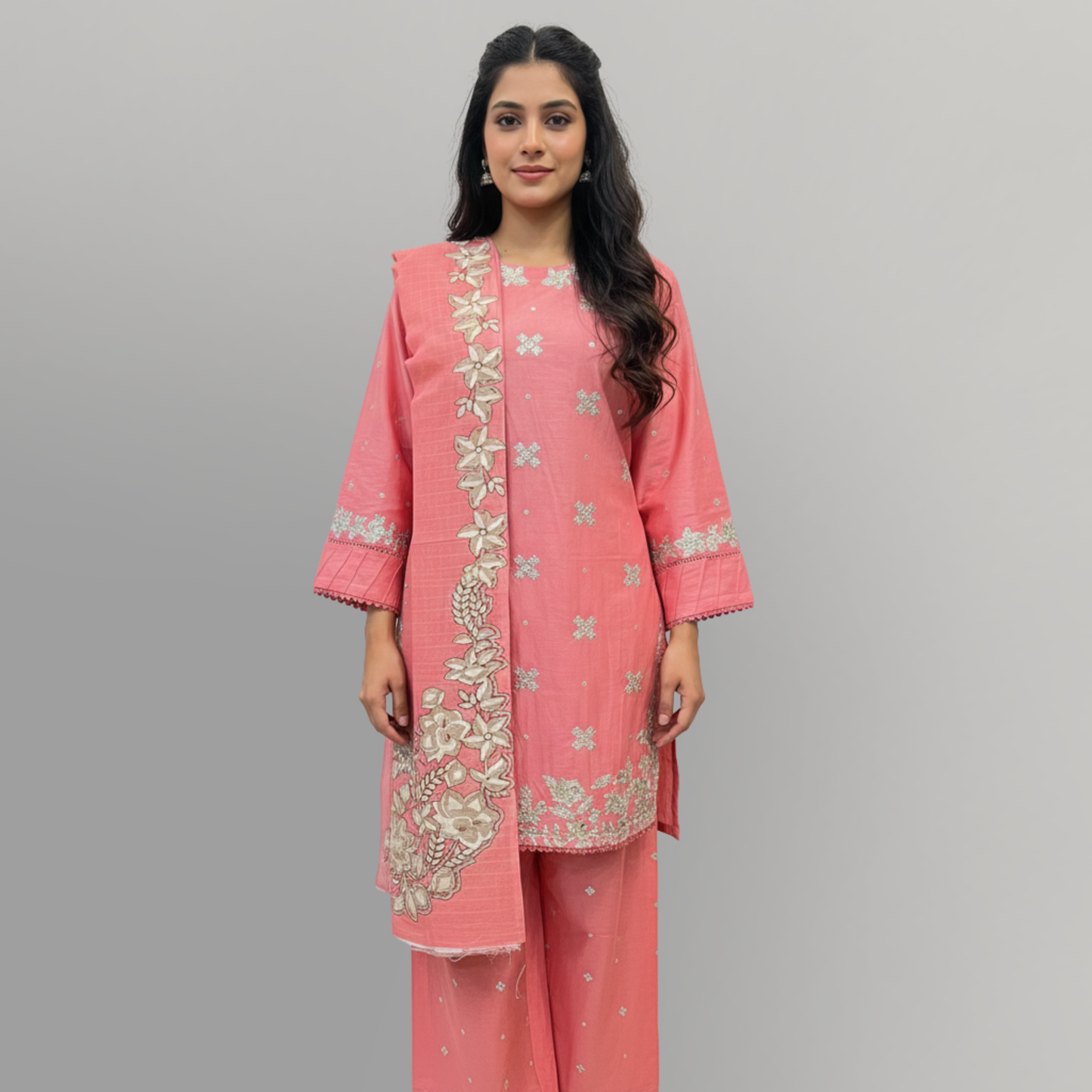 💚 Peach Radiance Embroidered 3-Piece Cotton Suit