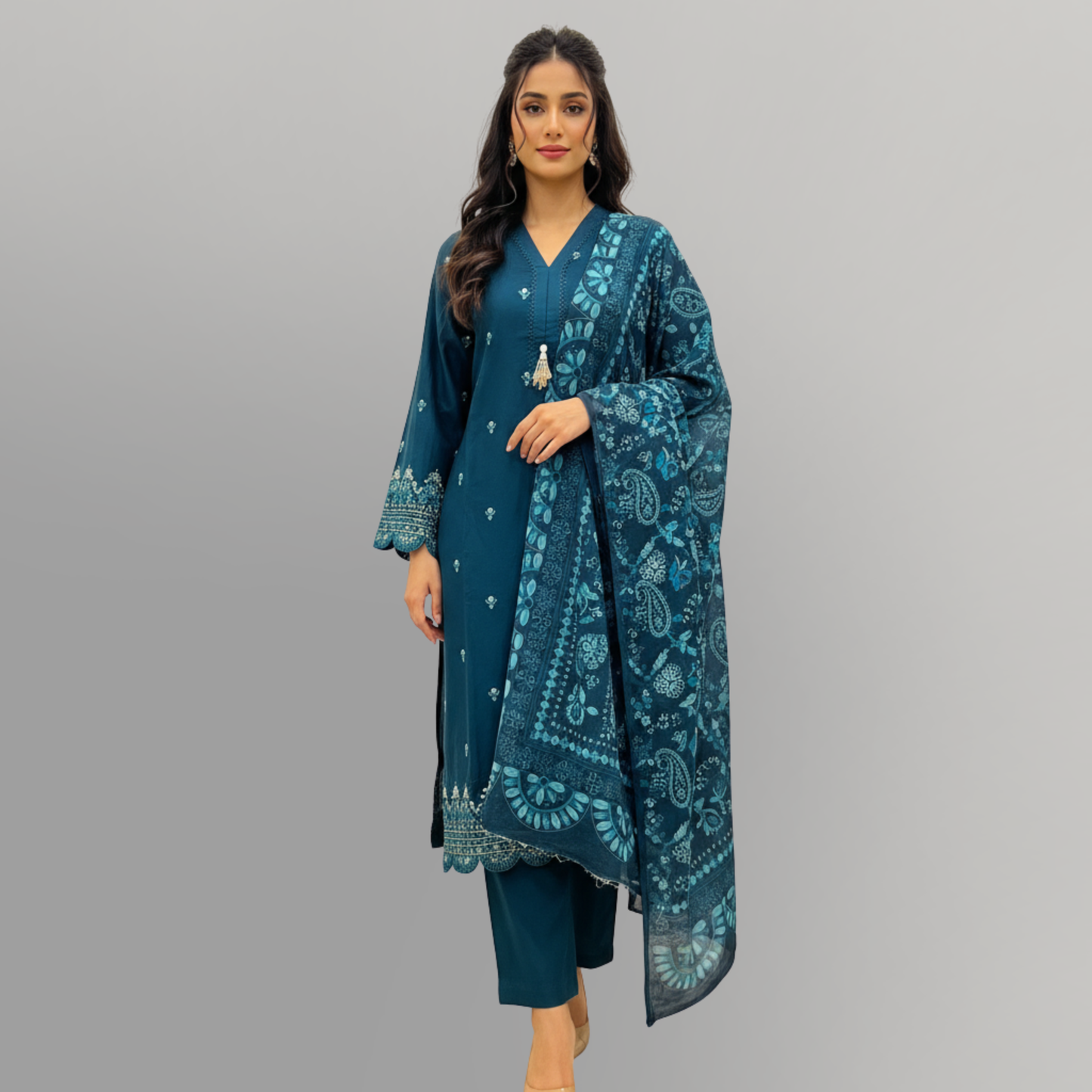 💚 Teal Sapphire Sequined Embroidered 3-Piece Lawn Suit