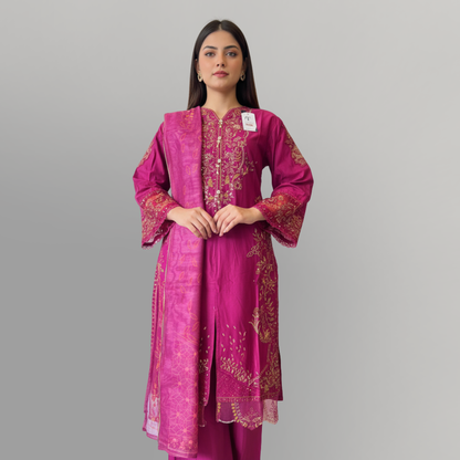 💚 Fuchsia Radiance Embroidered 3-Piece Lawn Suit
