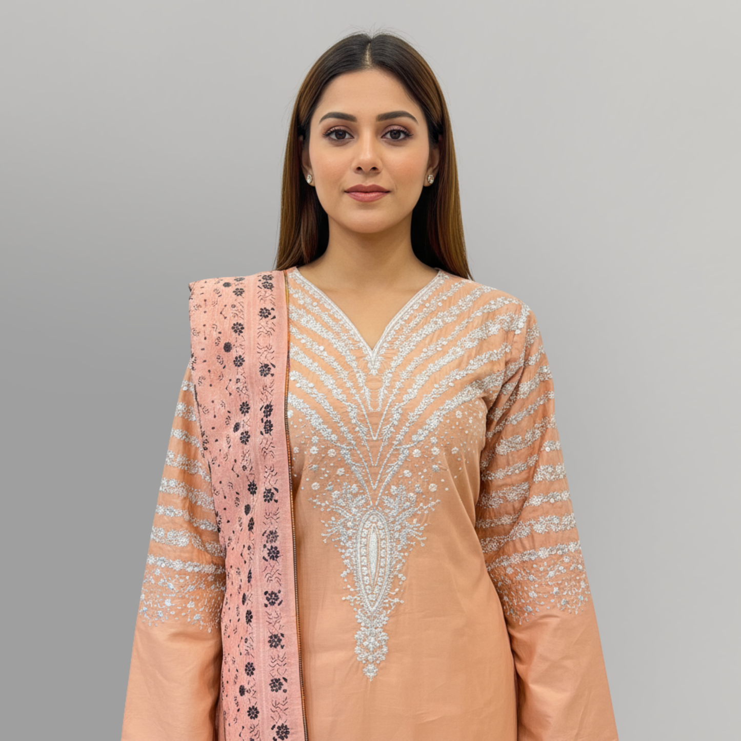 💚 Soft Apricot Glow Embroidered 3-Piece Cotton Suit