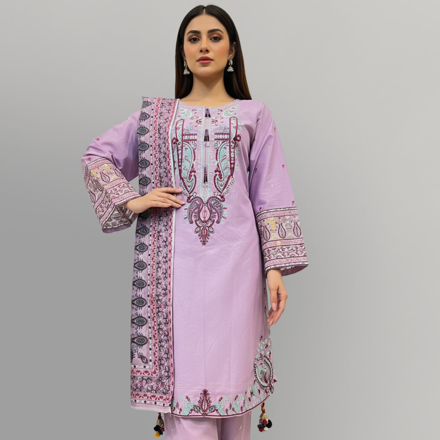 💚 Lilac Charm Embroidered 3-Piece Cotton Suit