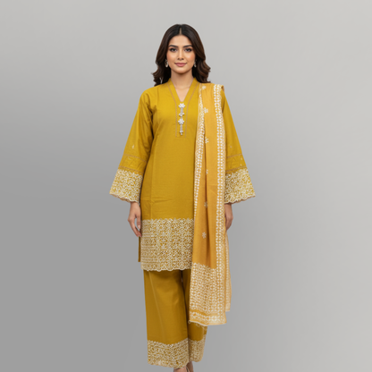 💚 Golden Citrine Embroidered 3-Piece Lawn Suit
