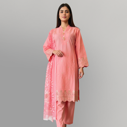 💚 Coral Glow Embroidered 3-Piece Lawn Suit