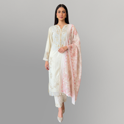 💚 Ivory Gold Luxe Embroidered 3-Piece Lawn Suit