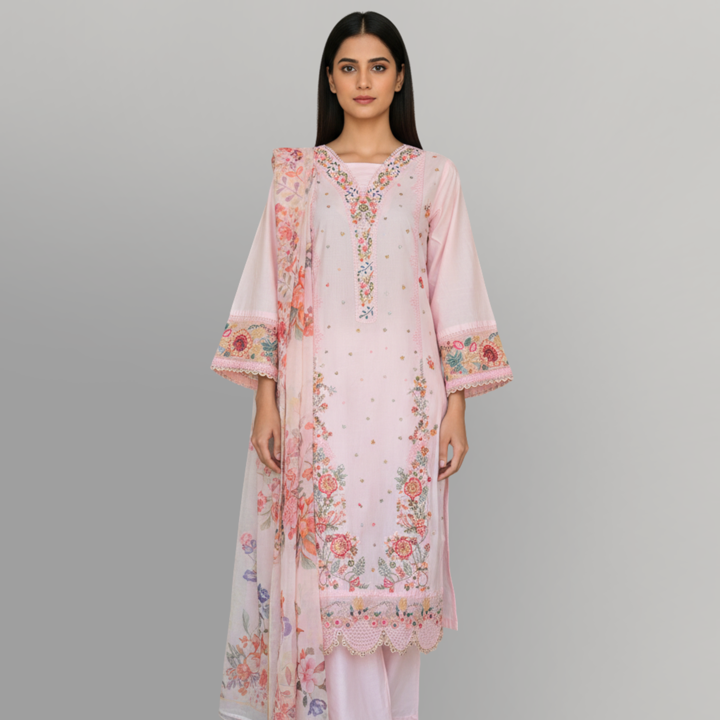 💚 Rose Quartz Embroidered 3-Piece Lawn cotton Suit
