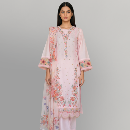 💚 Rose Quartz Embroidered 3-Piece Lawn cotton Suit