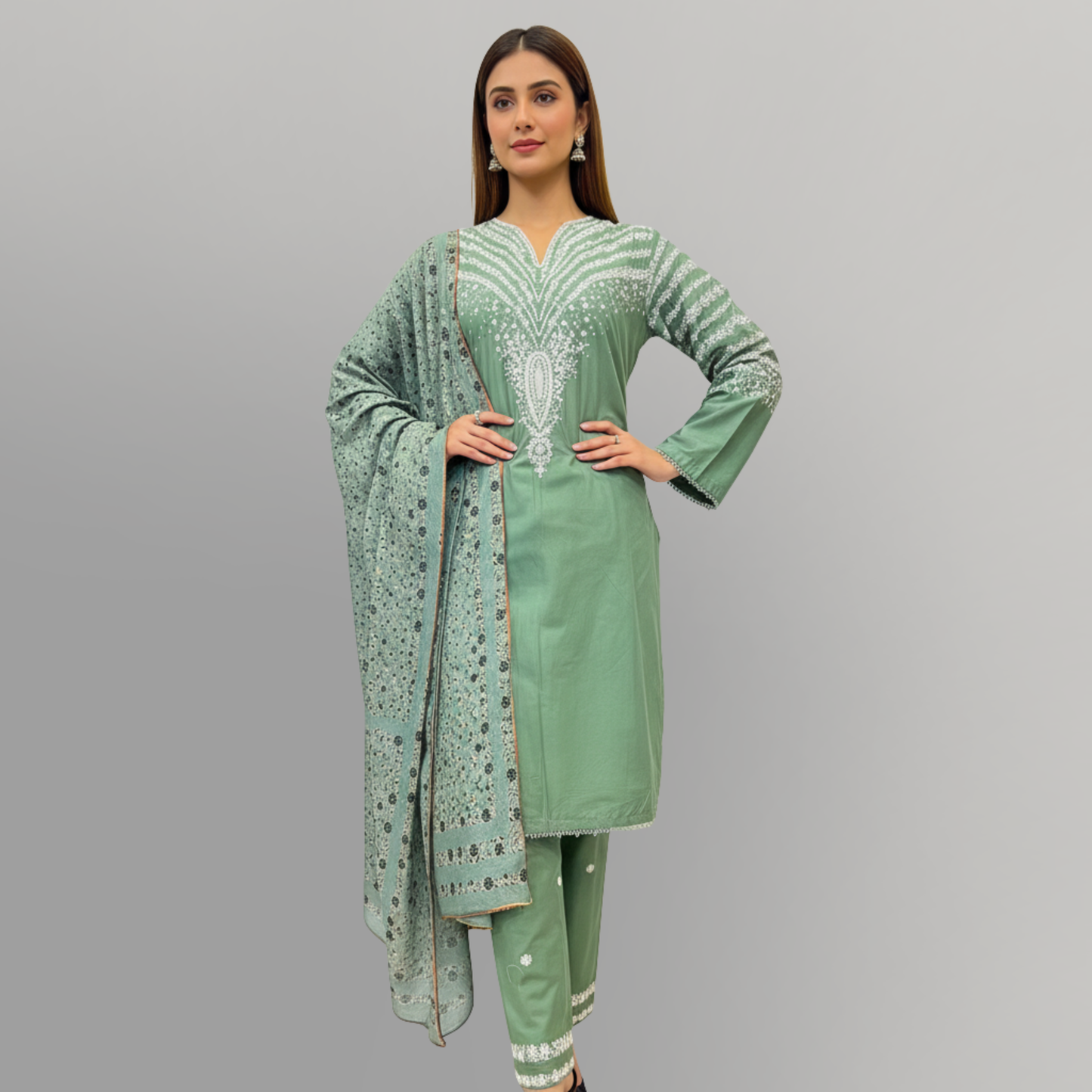 💚 Sea Green Serenity Embroidered 3-Piece Cotton Suit