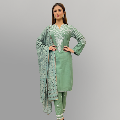 💚 Sea Green Serenity Embroidered 3-Piece Cotton Suit
