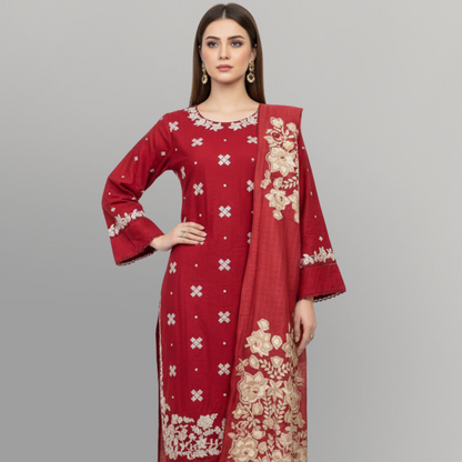 💚 Garnet Glow Embroidered 3-Piece Cotton Suit
