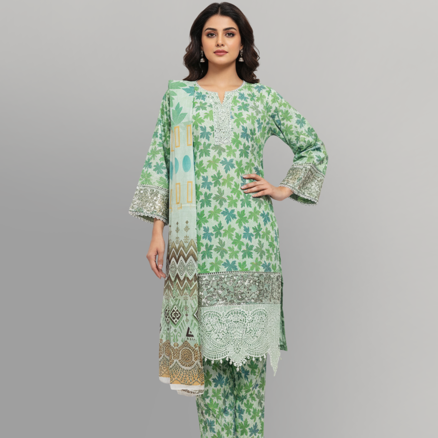 💚 Sage Serenity Embroidered 3-Piece Lawn Suit