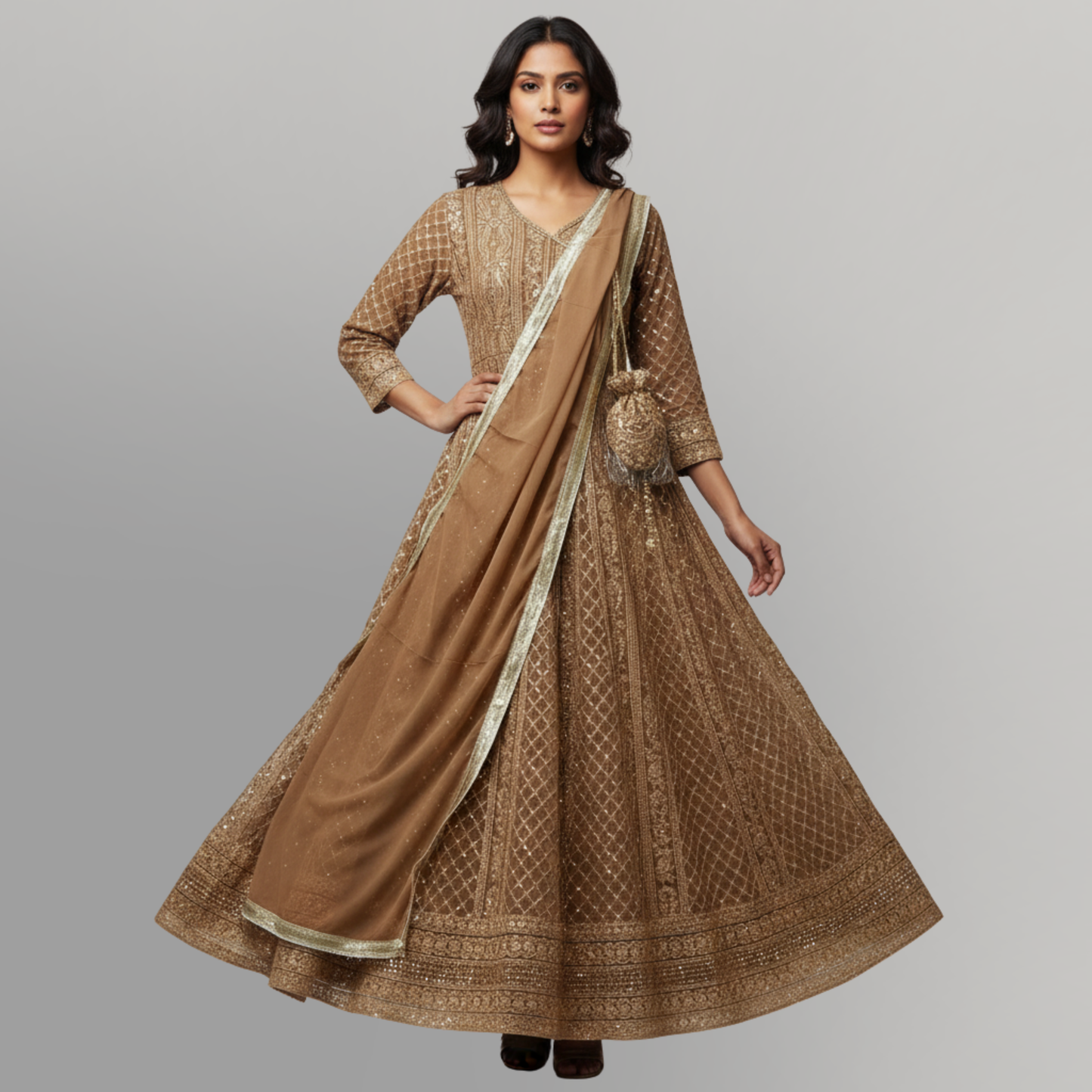 💚 Golden Sand Hand-Embellished Angrakha Gown