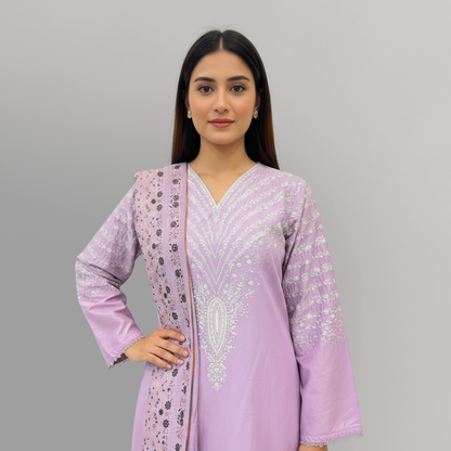 💚 Lilac Palm Embroidered 3-Piece Cotton Suit