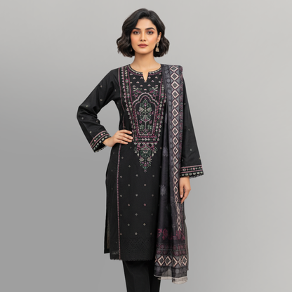 💚 Midnight Noir Embroidered 3-Piece Lawn Suit