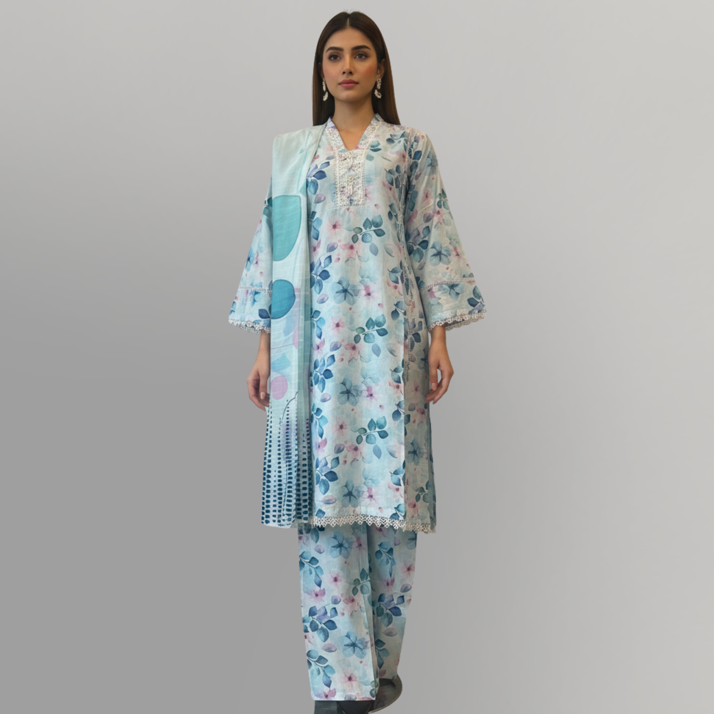 💚 Cerulean Breeze Embroidered 3-Piece Lawn Suit