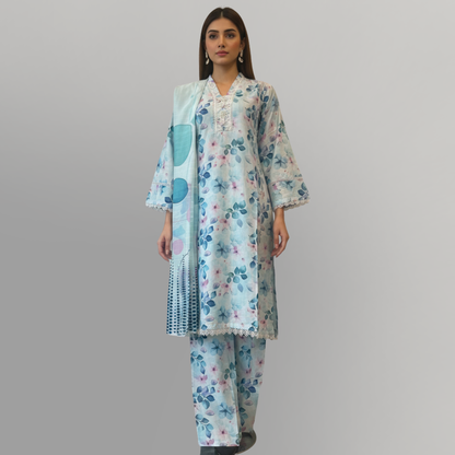 💚 Cerulean Breeze Embroidered 3-Piece Lawn Suit
