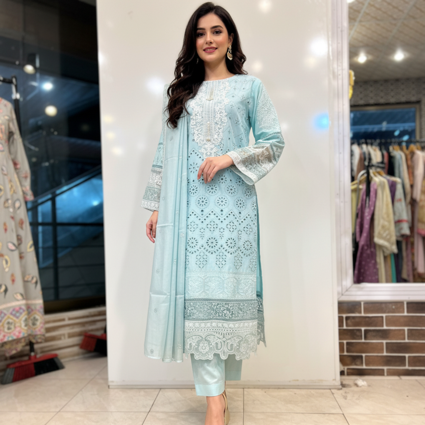 💚 Azure Frost Embroidered 3-Piece Lawn Suit