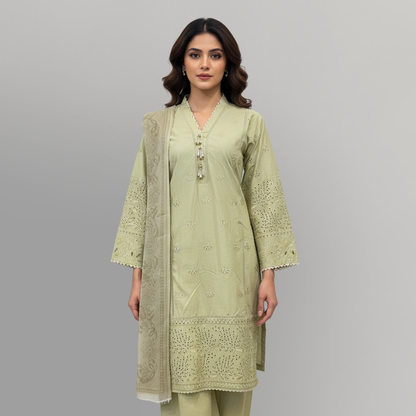 Sage Elegance Embroidered 3-Piece Lawn Suit
