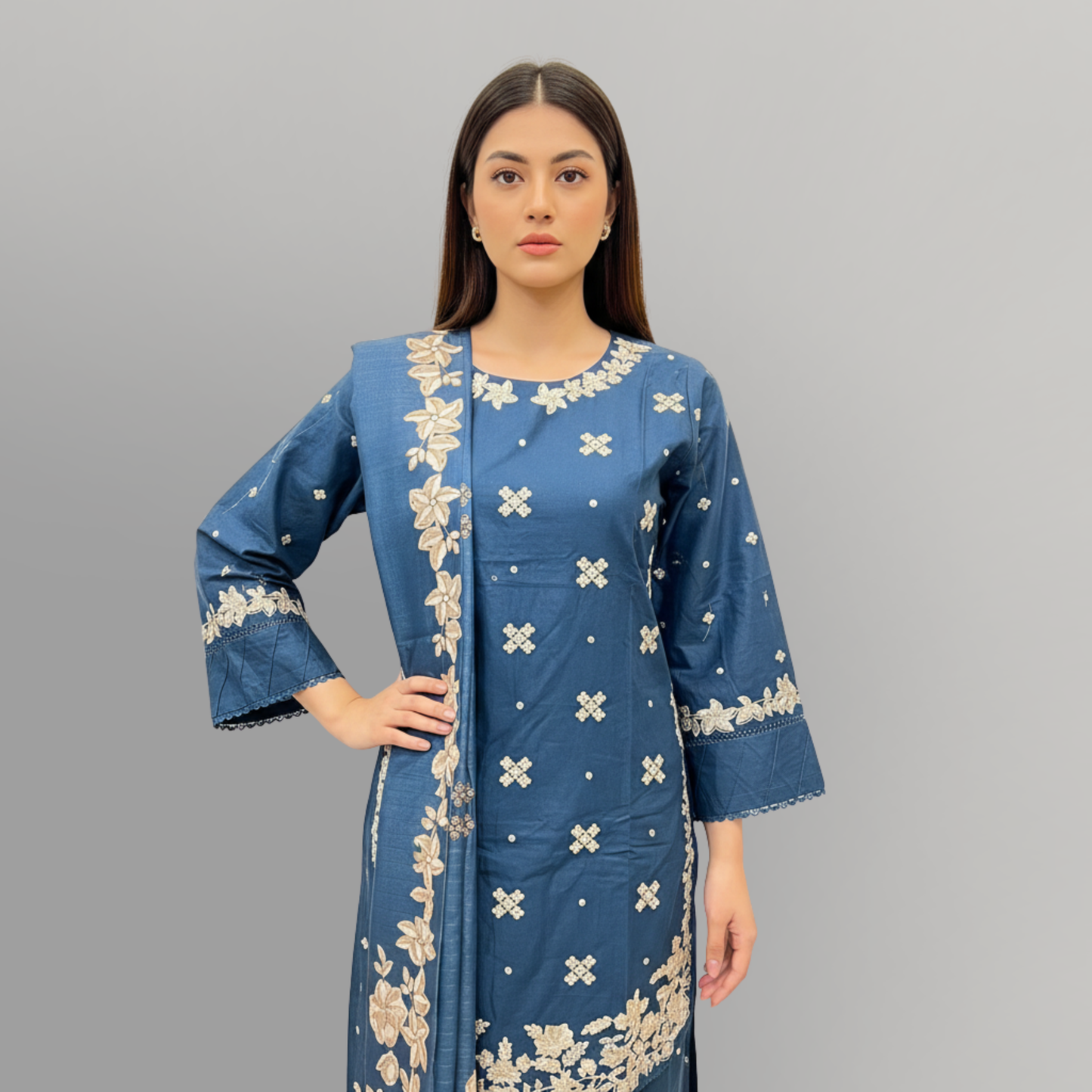 💚 Sapphire Haze Embroidered 3-Piece Cotton Suit