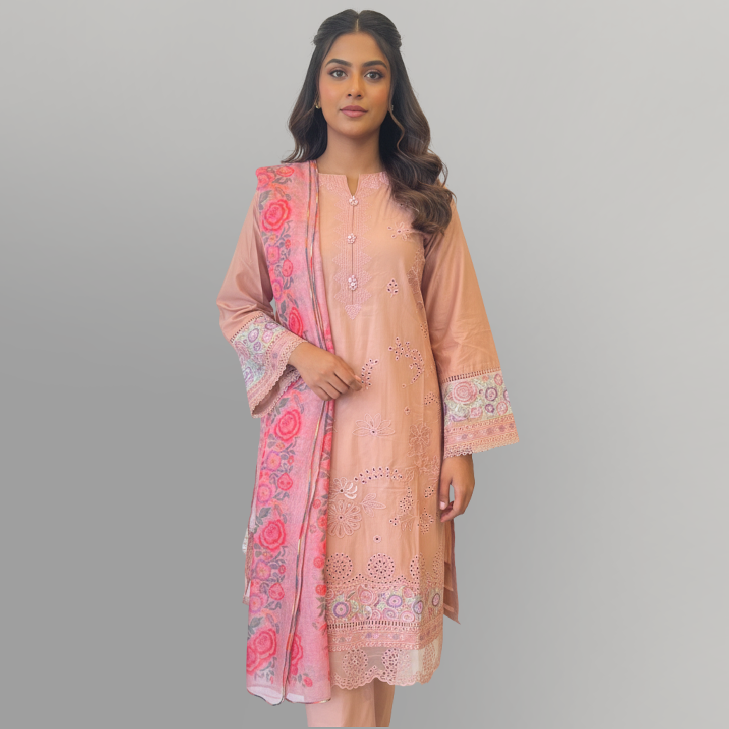 💚 Peach Blossom Embroidered 3-Piece Lawn Suit