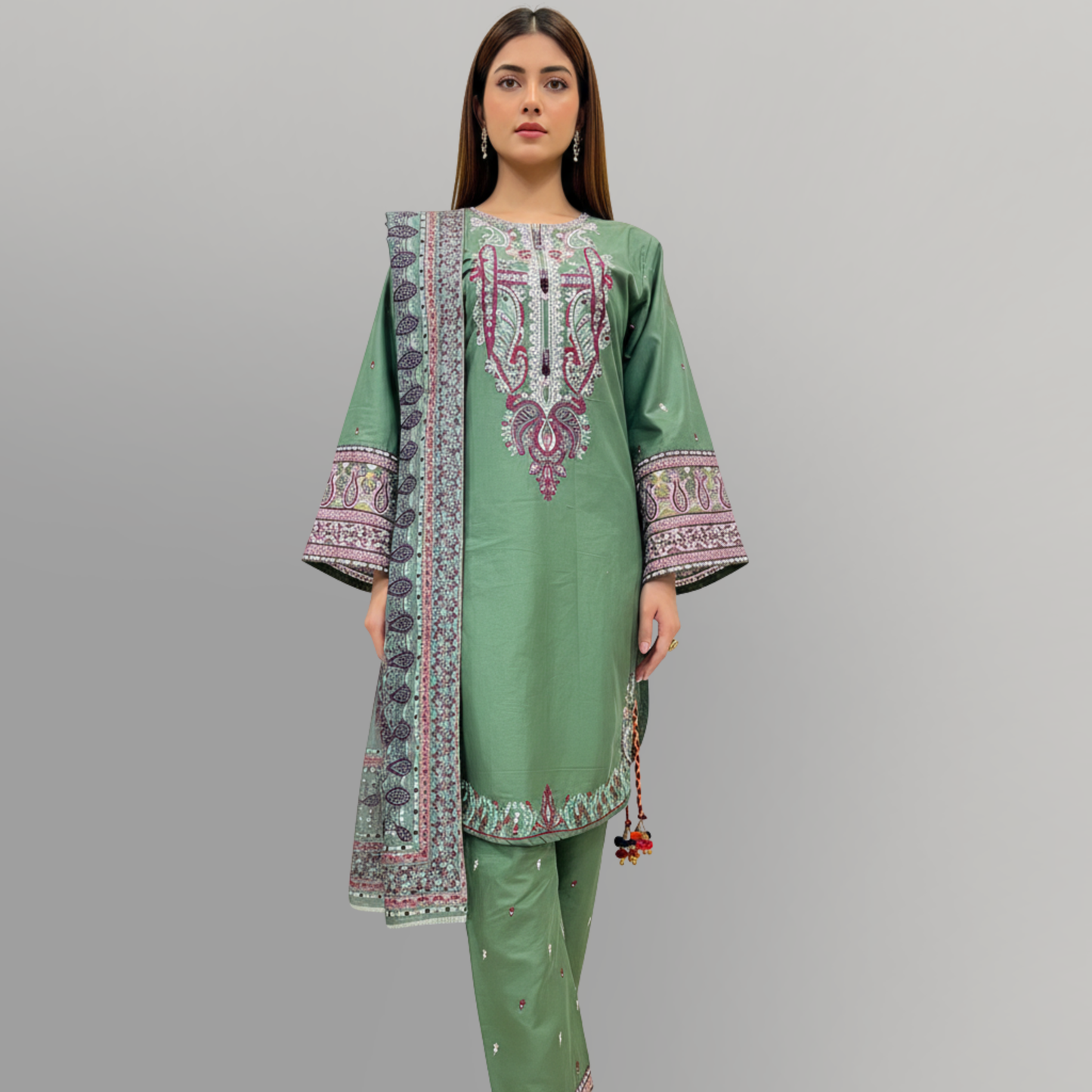 💚 Sea Green Heritage Embroidered 3-Piece Cotton Suit