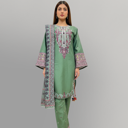 💚 Sea Green Heritage Embroidered 3-Piece Cotton Suit