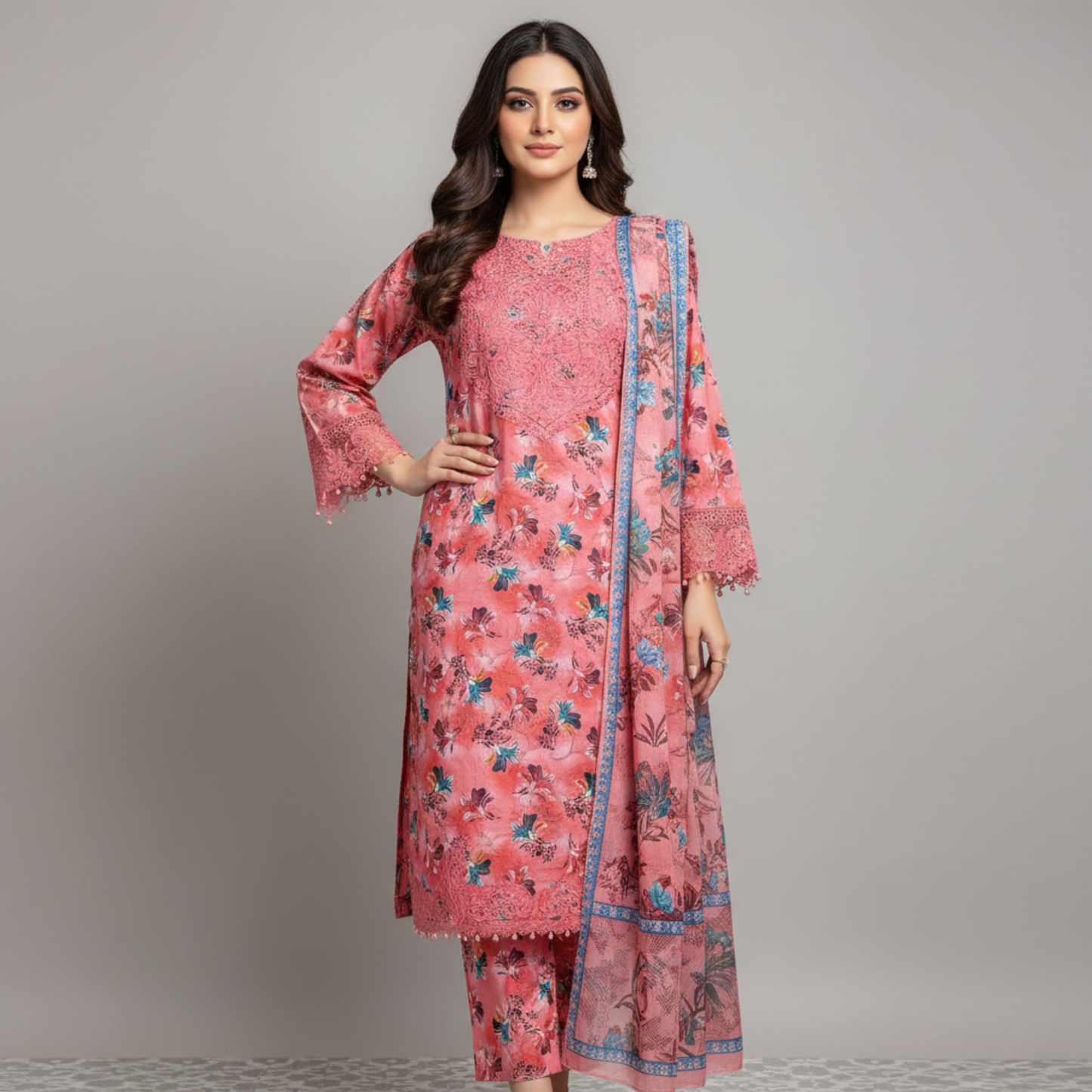 💚 Coral Bloom Embroidered 3-Piece Lawn Suit