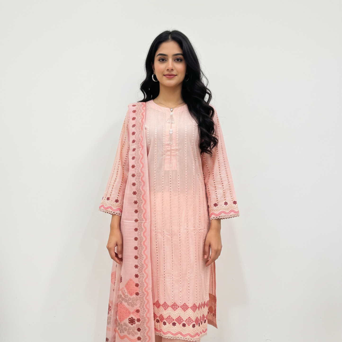💚 Peach Blossom Embroidered 3-Piece Lawn Suit