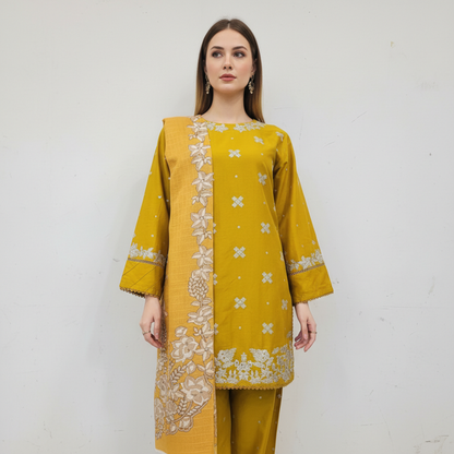 💚 Mustard Gold Heritage Embroidered 3-Piece Cotton Suit
