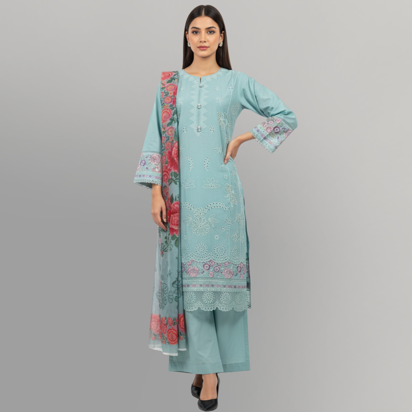 💚 Sea Green Serenity Embroidered 3-Piece Lawn Suit