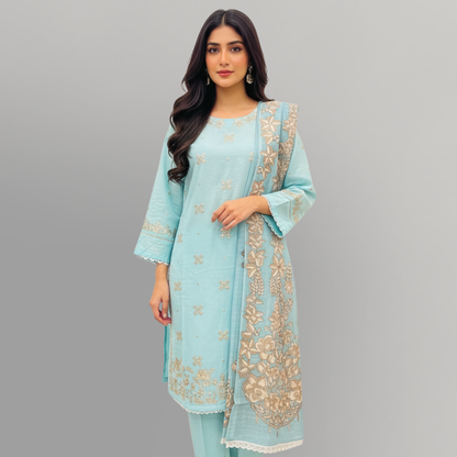 💚 Ferozi Azure Embroidered 3-Piece Cotton Suit