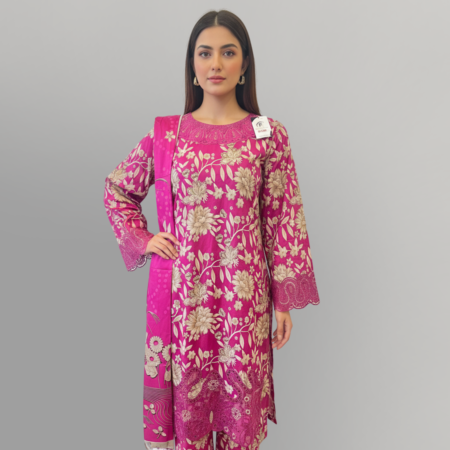 💚 Magenta Bloom Embroidered 3-Piece Lawn Suit