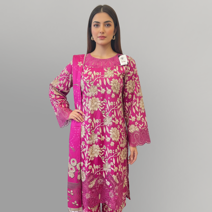 💚 Magenta Bloom Embroidered 3-Piece Lawn Suit