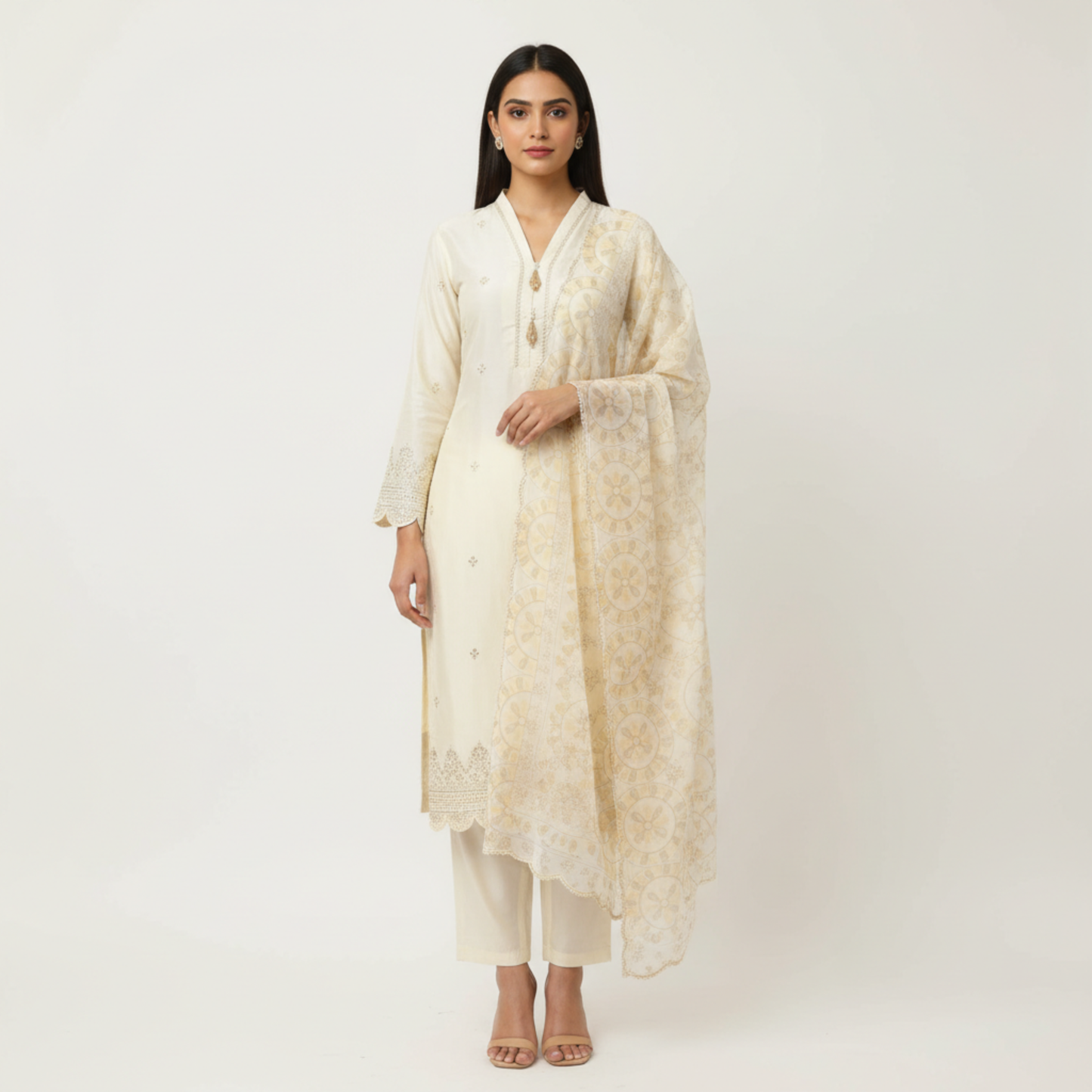 💚 Ivory Pearl Sequence Embroidered 3-Piece Lawn Suit
