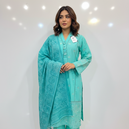 Aqua Serenity Embroidered 3-Piece Lawn Suit