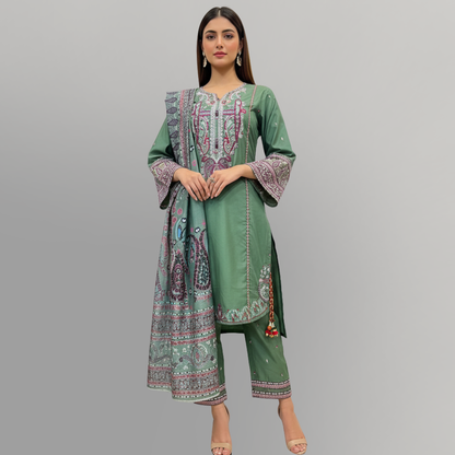 💚 Sea Green Heritage Embroidered 3-Piece Cotton Suit