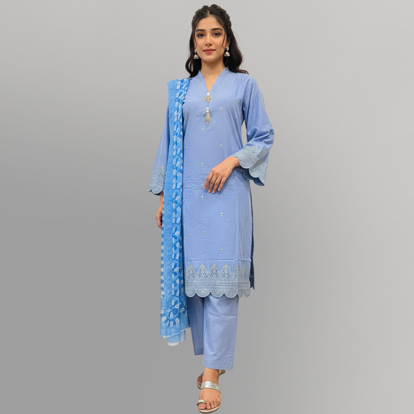 💚 Cerulean Sky Sequined Embroidered 3-Piece Lawn Suit