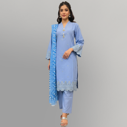 💚 Cerulean Sky Sequined Embroidered 3-Piece Lawn Suit