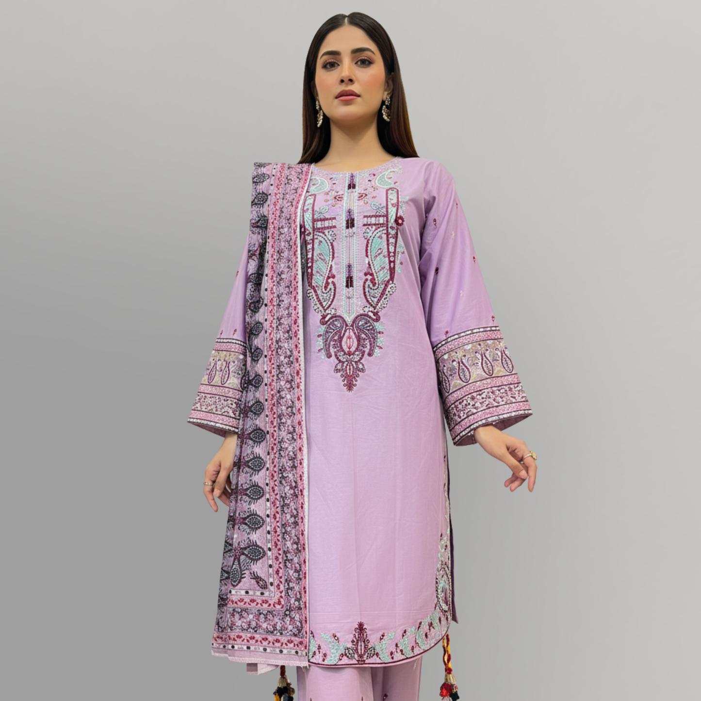 💚 Lilac Charm Embroidered 3-Piece Cotton Suit